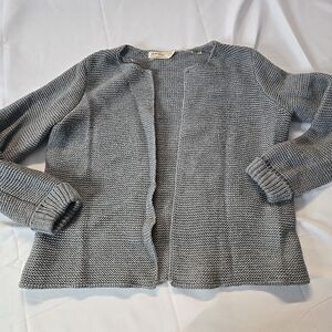Cardigan Sweater Knit Open Front Womens L Gray Grandma Cottage Core Seed Stitch